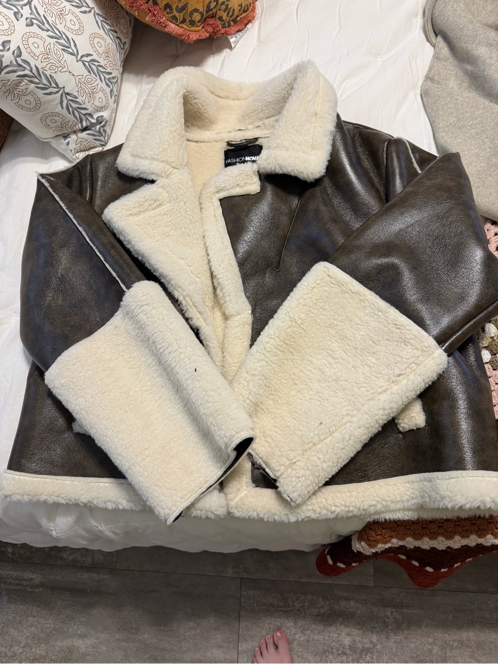 Fashion Nova Dark Brown Faux Leather Aviator Jacket with Cream Shearling